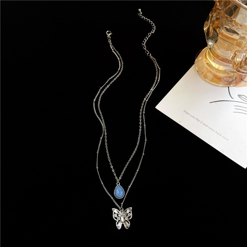 Kalung Rantai Klavikula Desain Double Butterfly Waterdrop Warna Biru