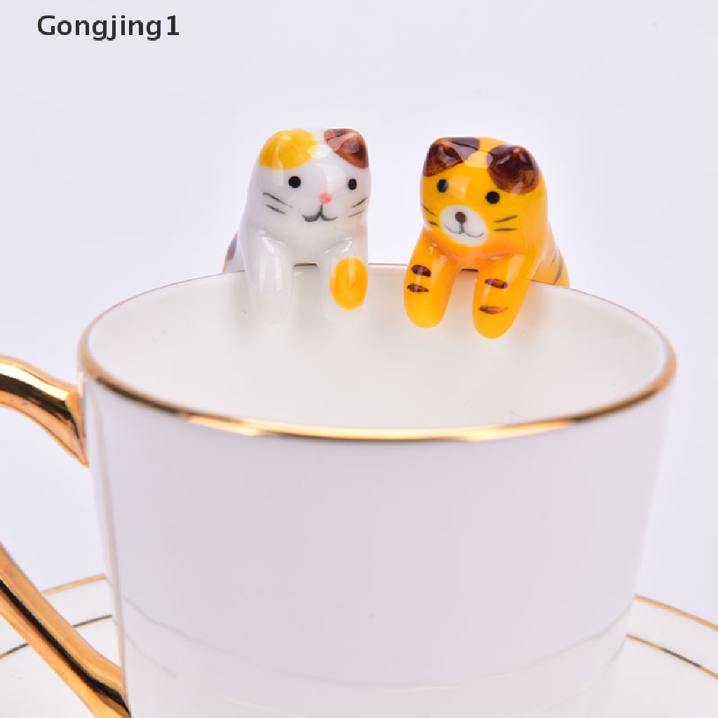 Gongjing1 1pc Sendok Teh / Kopi / Dessert Bahan Keramik Desain Kucing Kartun