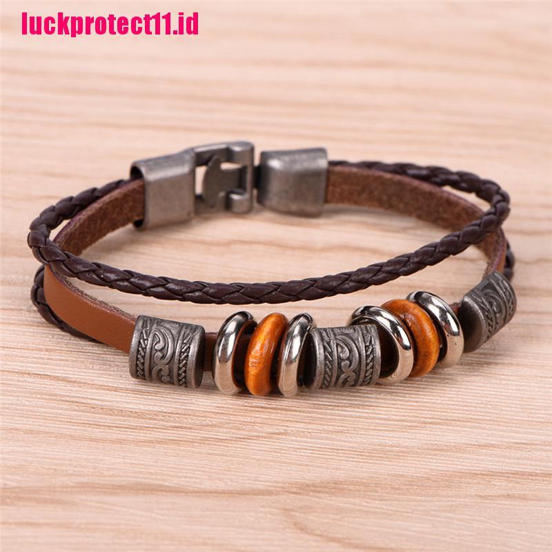 (LUCK) Gelang Tangan Kulit Coklat Handmade Gaya Punk Retro Untuk Pria