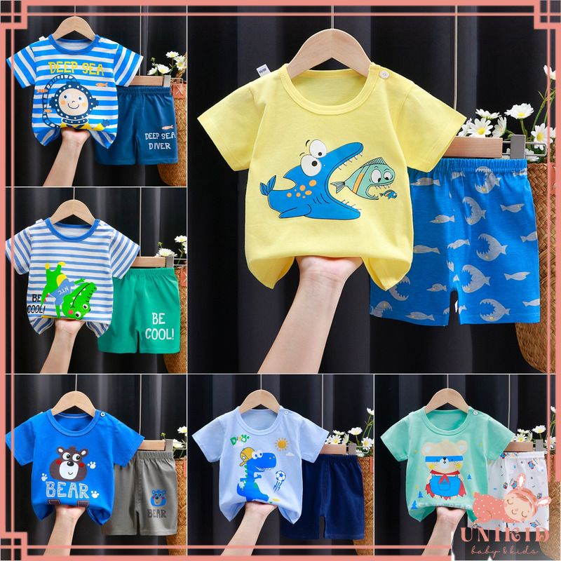 (COD) SETELAN BAJU BAYI LAKI BAJU TIDUR PIYAMA ANAK BAYI STELAN LENGAN PENDEK 0-3 TAHUN MOTIF KARAKTER IMPORT