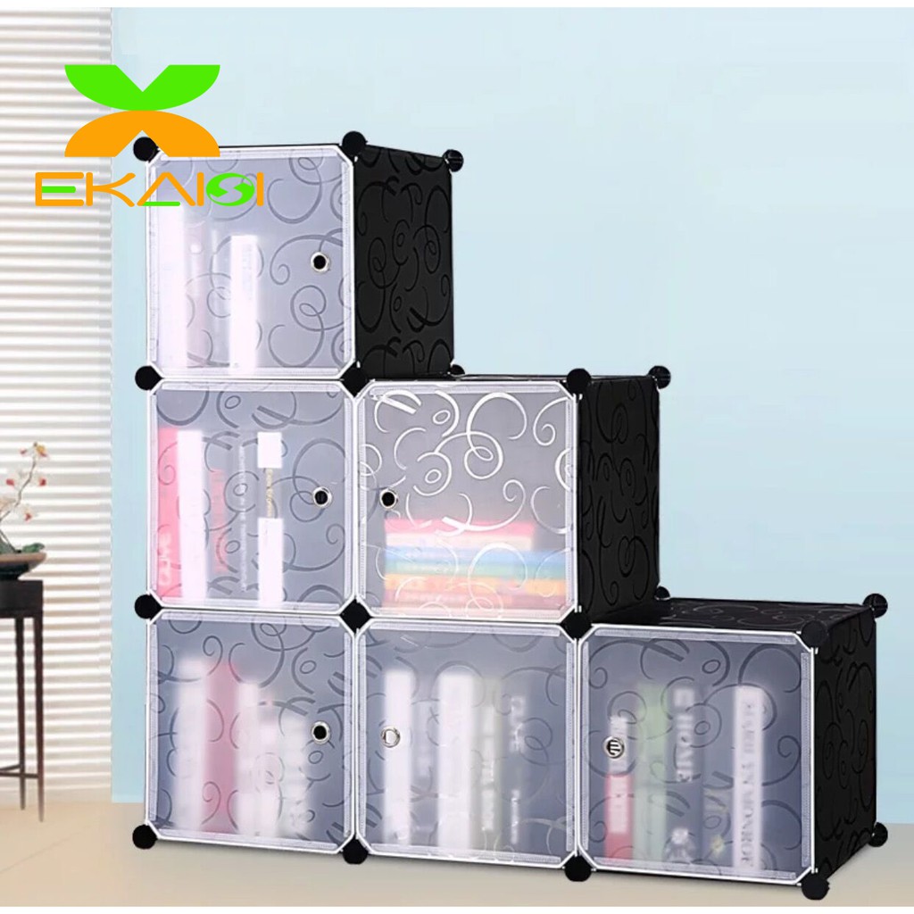 Ekaisi Lemari pakaian plastik lemari portable baju rak serbaguna rak buku 1+2+3 kotak pintu polos