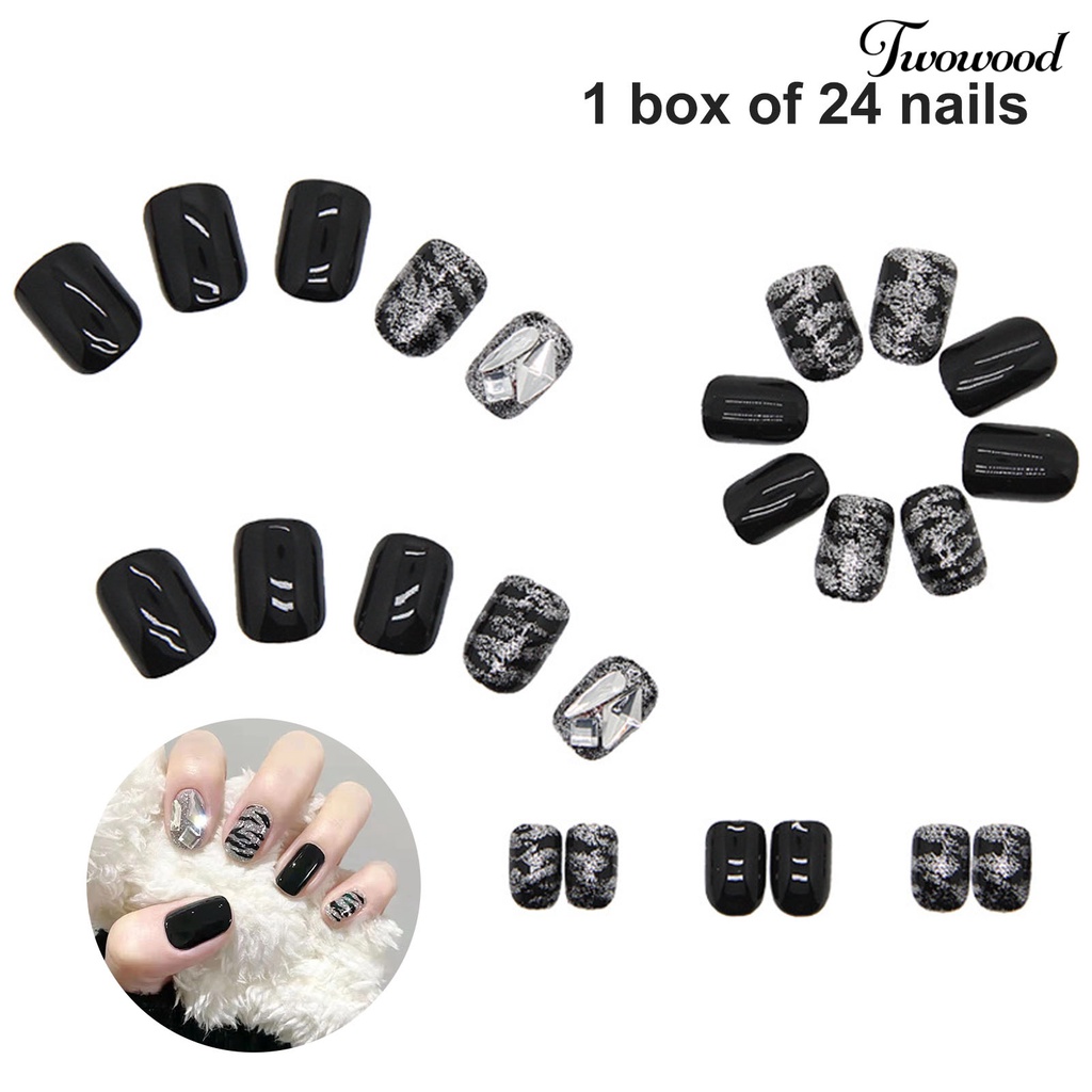 Twowood 24Pcs / Kotak Kuku Palsu Bahan ABS Warna Hitam / Silver Untuk Nail Art