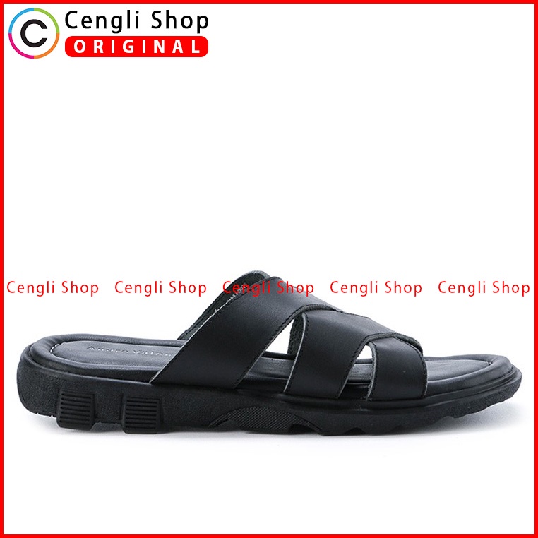 SANDAL SLIDE KULIT ANDRE VALENTINO PRIA ORIGINAL CASUAL HITAM AVM15