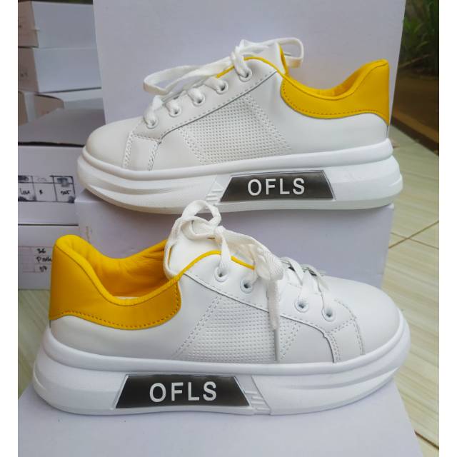 Sepatu Sneaker Import cewek keren kuning putih OFLS