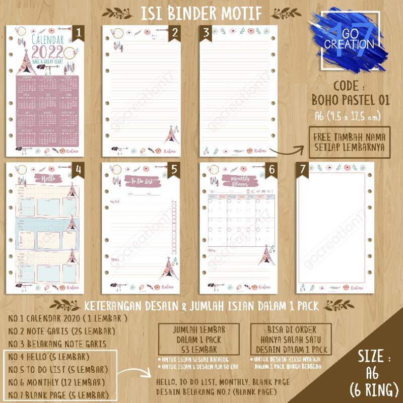 

Buku Planner isi Kertas Binder Motif Boho Pastel 01 Premium A6 ring 6