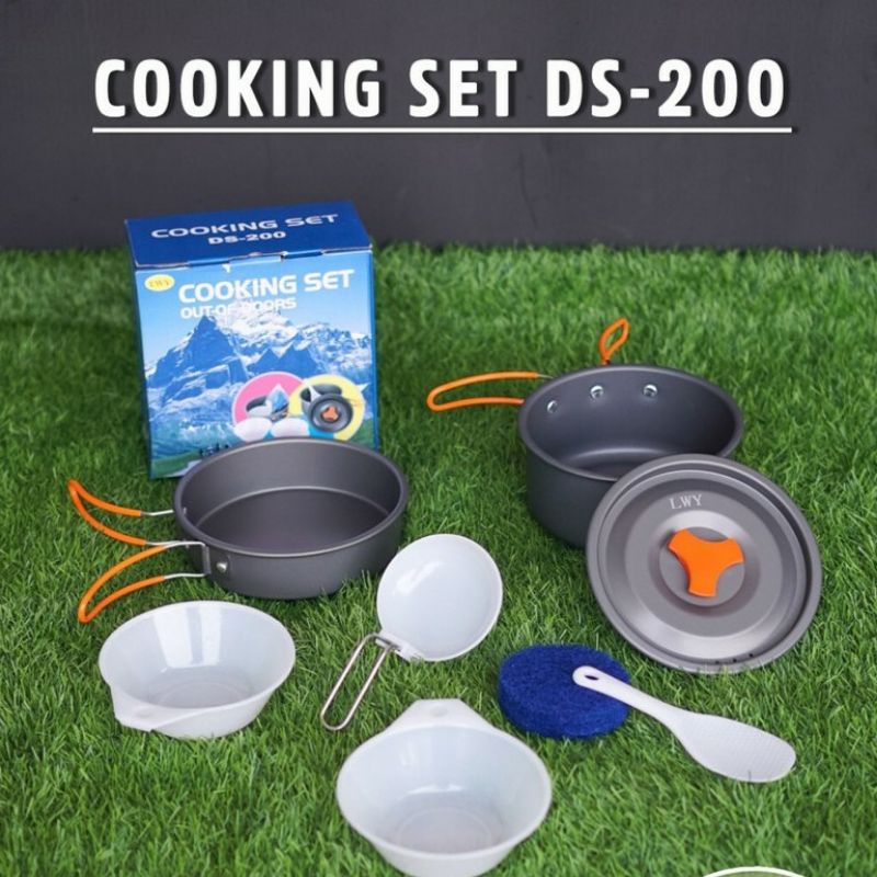 Paket Cooking set 2-3 orang + Kompor Windproof kemping Nesting camping Ccooking set ds 200