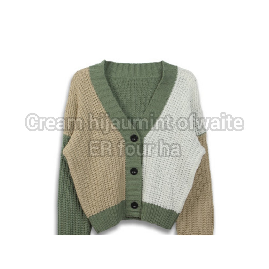 Cardigan Rajut SHAFA Type 3get | Rajut TEBAL Premium | Pakaian Wanita | Outerwear Wanita-hijaumint,kream