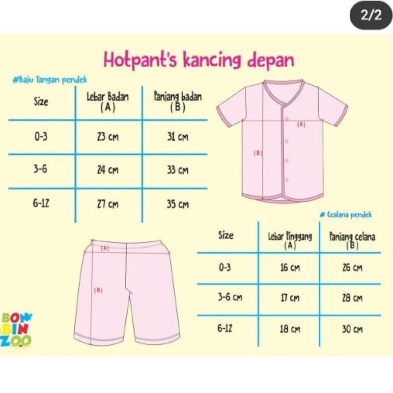 BONBINZOO Stelan Pendek Anak Kancing DEPAN size 0-12m Bahan katun lembut SNI