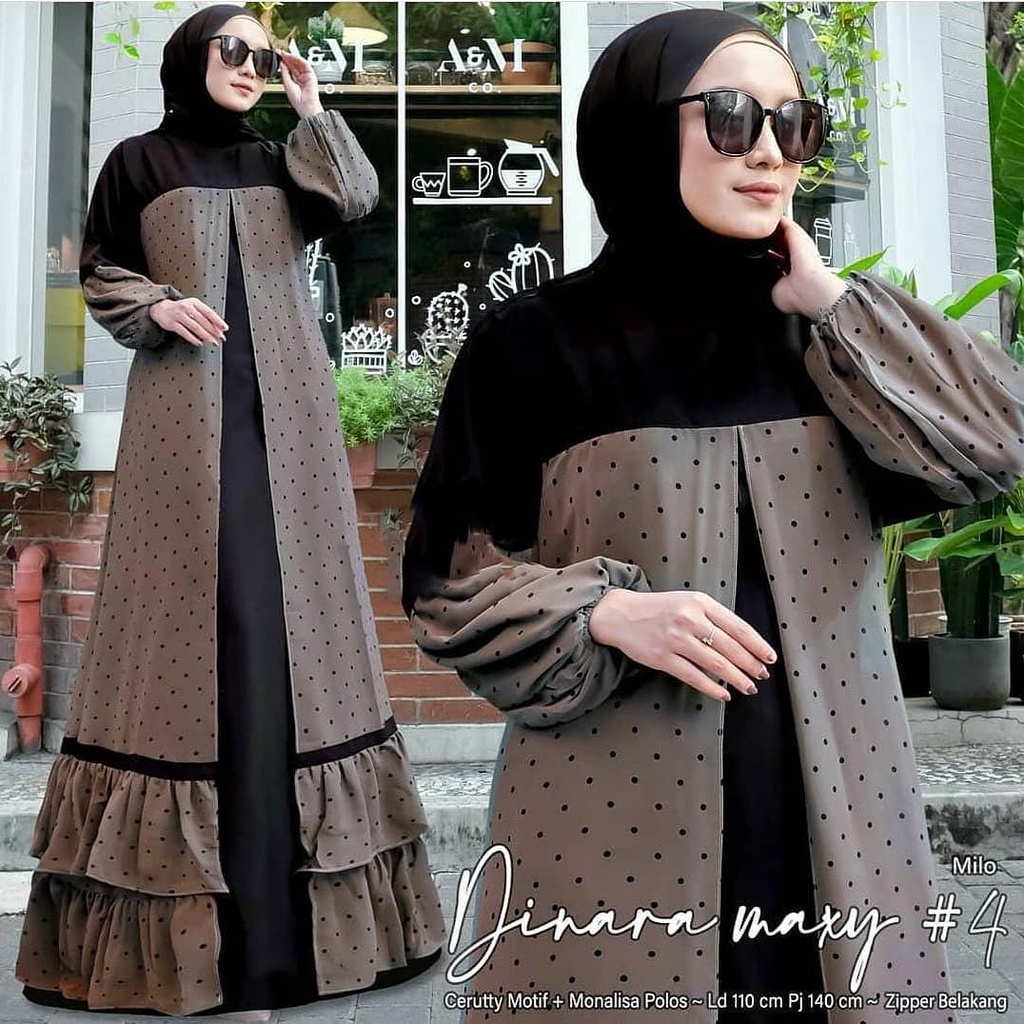 Gamis Syari Jumbo Dress Dinara Maxy Renda Bawah Lengan Balon Dress Ceruty Polkadot Murah Terlaris