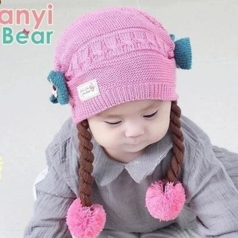 Topi kupluk rambut kepang motif pita/Baby hat wig/topi bayi rambut gyp olshop