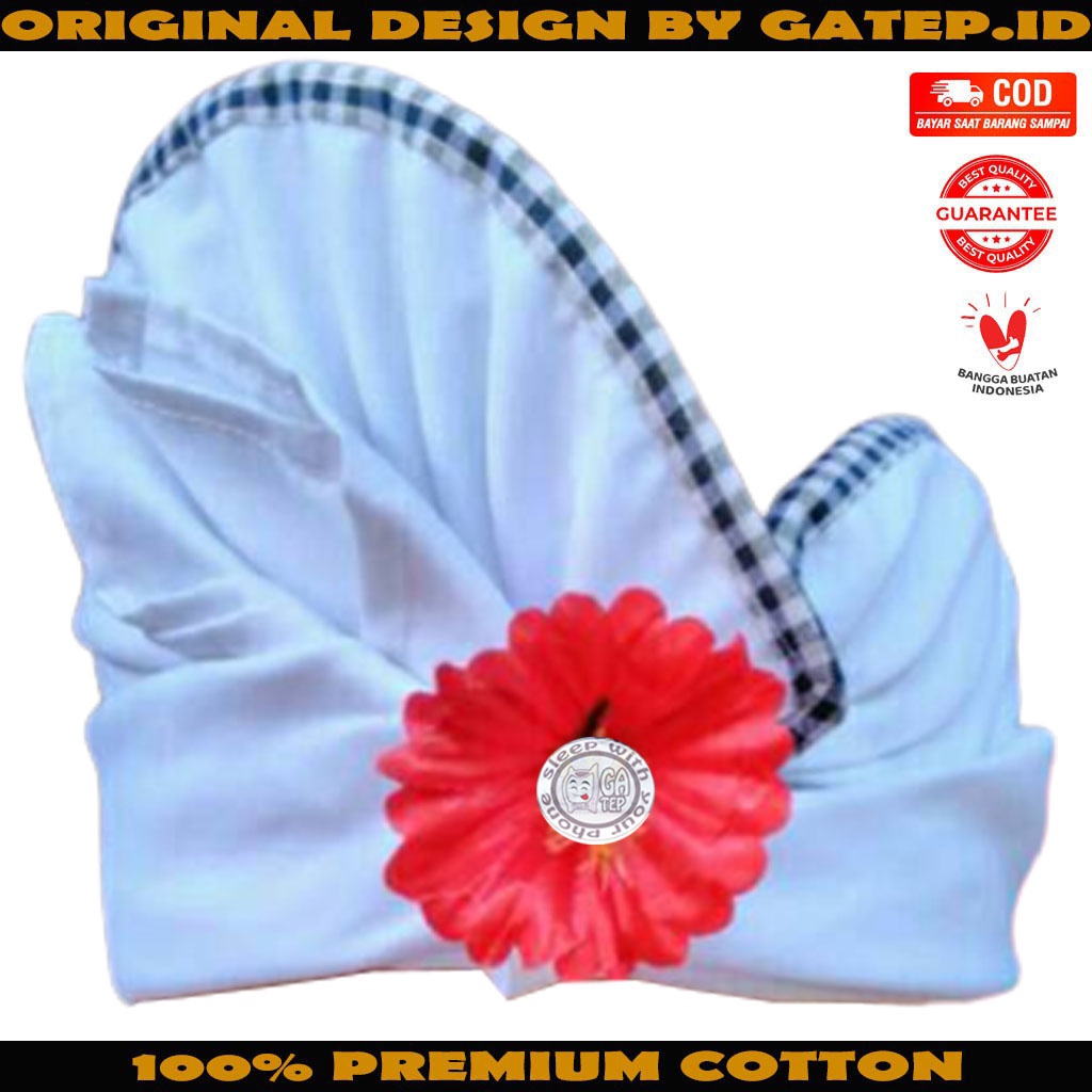 Udeng Bali Putih Polos Setengah Jadi Lis Kotak Poleng - Ikat Kepala Bali - Topi Adat Bali - Blangkon