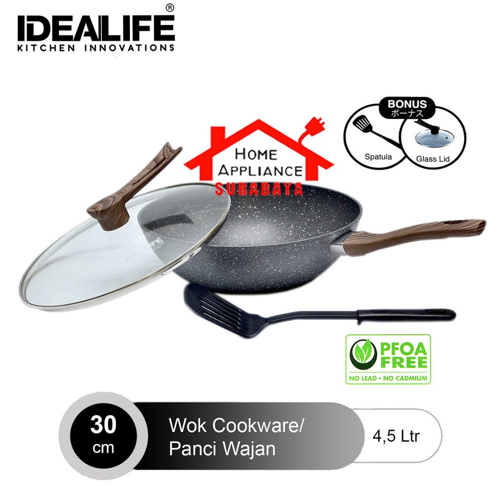 IDEALIFE Panci Wajan - Wok Cookware Marble Anti Lengket + Tutup Kaca Bonus Spatula 28cm IL-28WK / 30cm IL-30WK / 32cm IL-32WK