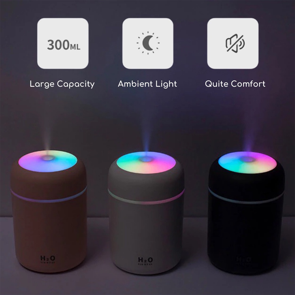 Humidifier Diffuser Berwarna-Warni LED Light Hening Purifier Pelembab Udara 300ML-7