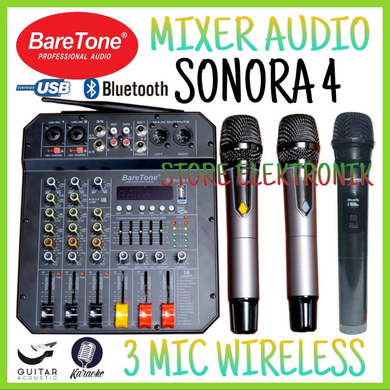 Mixer Audio 3 Mic Wireless Baretone Sonora 4, Mixer 4 Chn Bluetooth Karaoke Smart Tv