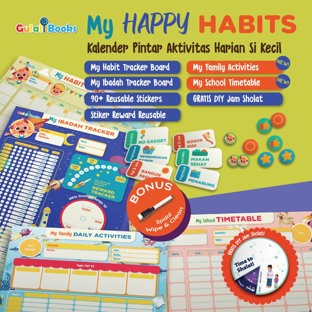 Poster EDUKASI  Anak Untuk Aktifitas Sehari hari Lengkap GULALI BOOKS MY NEW GOOD HABITS Ibadah Tracker