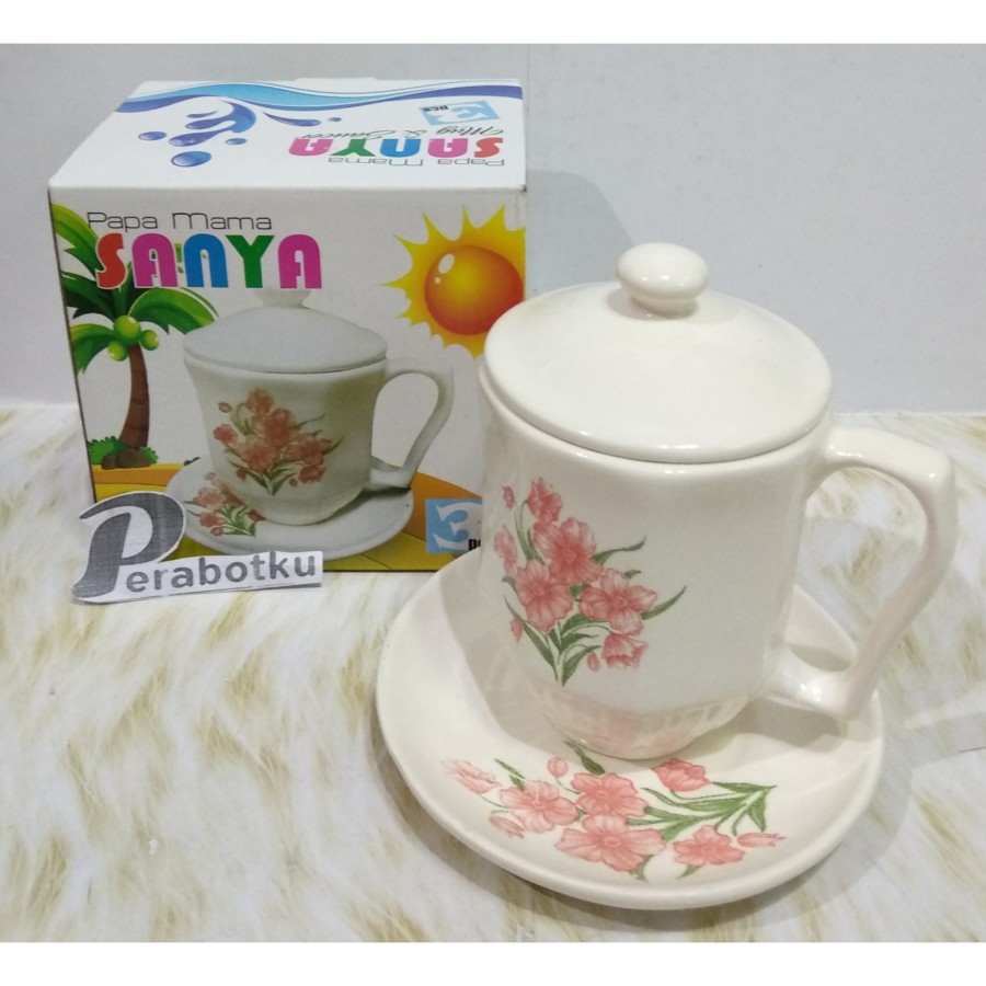 Mug Sanya Tutup Set Tatakan Keramik 400 ml / Gelas Mama Papa