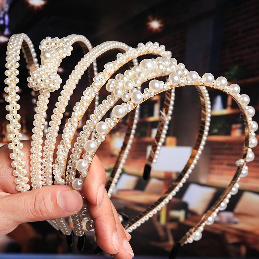 Korean Bow Full Pearl Headband Simple Crown Wedding Bride Hair Band for Women Hair Accessories