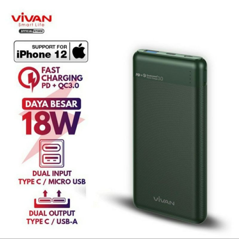 Powerbank 10000mAh Two Way Dual Output &amp; Input QC3.0 18W - Vivan VPB-M10