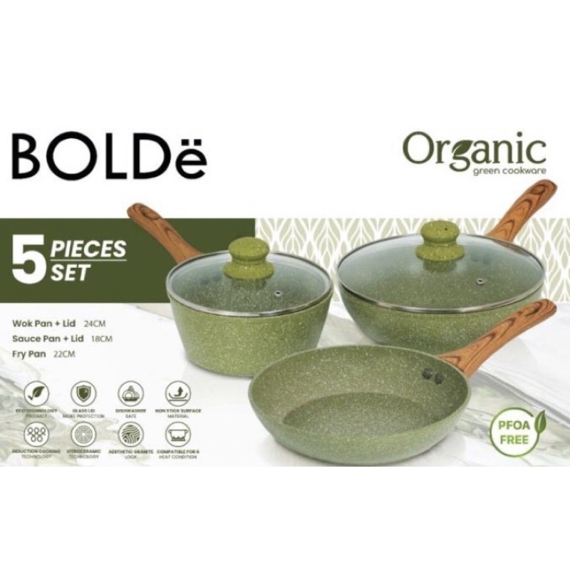 BOLDe Organic Pan Set 5pcs / BOLDe Organic Green Cookware Set 5 Pcs