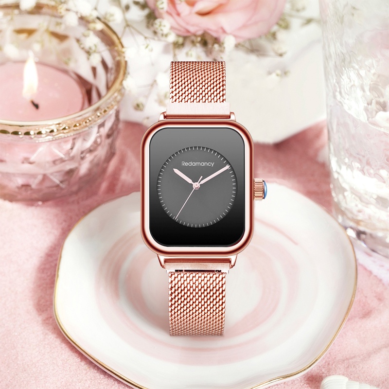 Redamancy Jam Tangan Wanita Original Mode Bisnis Display Kuarsa Jam Wanita Tali Jala Tahan Air Jam Tangan Cewek Jam RoseBlack-sabuk baja-3