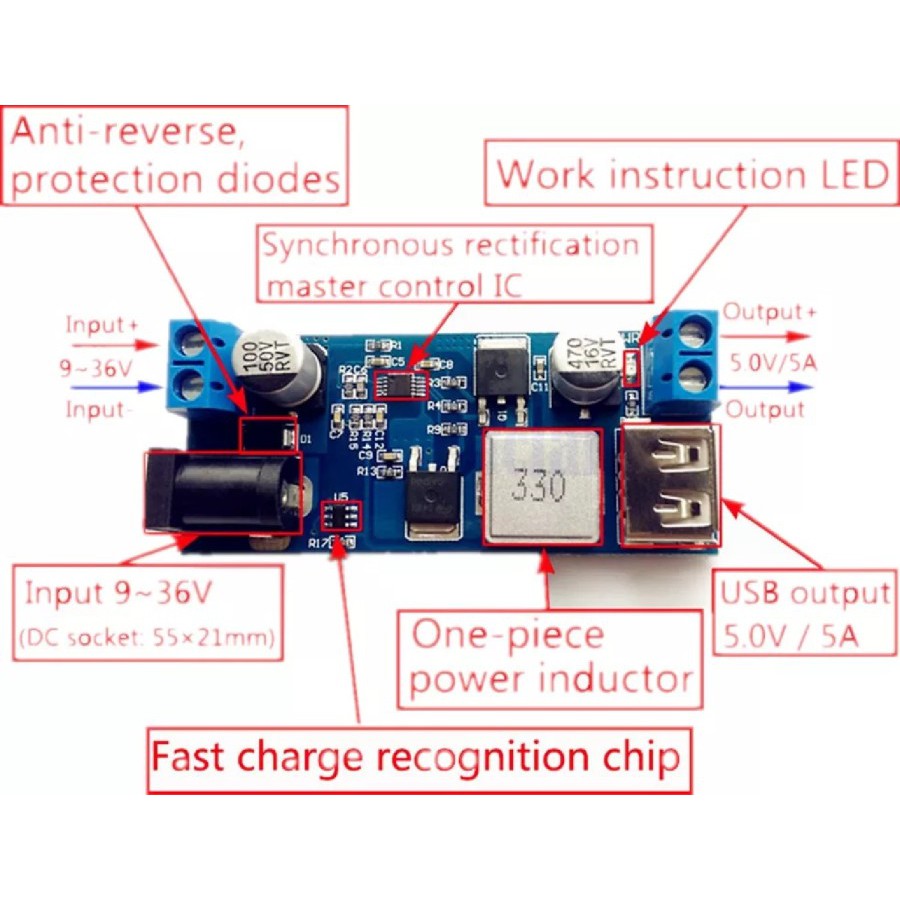 Modul Stepdown XY-3606 DC 9V-36V Input to USB Jack DC 5V 5A Output