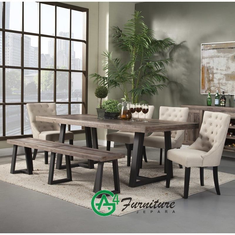 Set Meja Makan Antik Kaki Besi Mewah - Kayu Trembesi