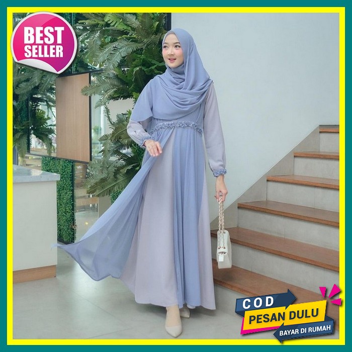 Baju Gamis Midi Pesta Big Size Muslim Motif Garis Garis Wanita Busui Harian Lembut Kekinian Terbaru 