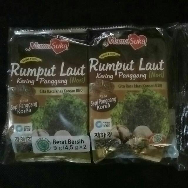 

Rumput laut panggang (nori) rasa BBQ berat bersih 9gr (2x4,5gr)