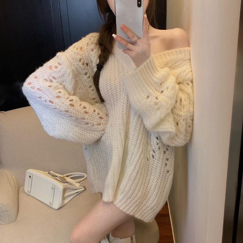 Sweater Wanita Lubang Robek Angin Malas Longgar Pakaian Luar Pullover Jepang Retro Rajutan Sweater T