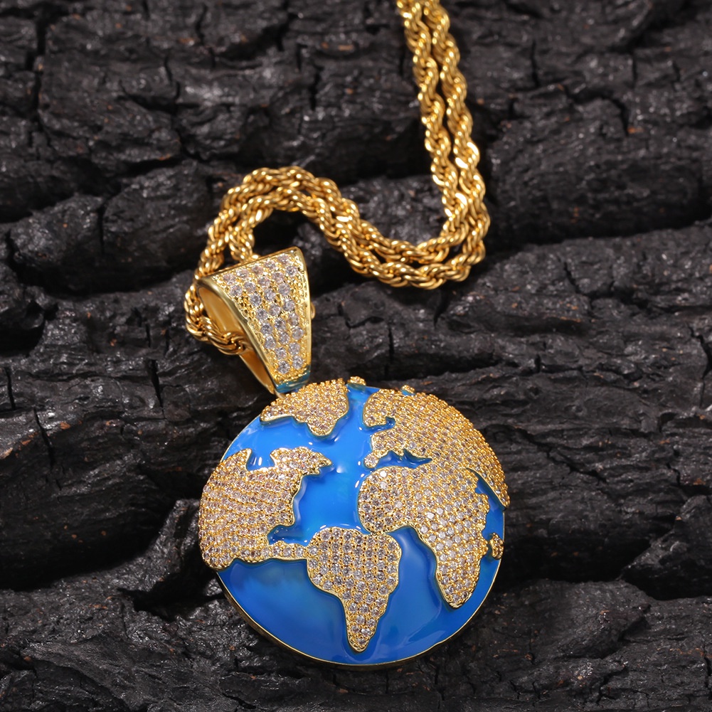 Kalung Liontin Batu Zircon Biru Gaya Hip hop Eropa Dan Amerika Untuk Pria