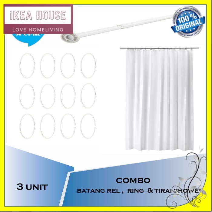 Tirai Shower Toilet Tirai Kamar Mandi Shower/Tiang Batang Rel / Ring KamarMandi 3set Combo - BJAS 12