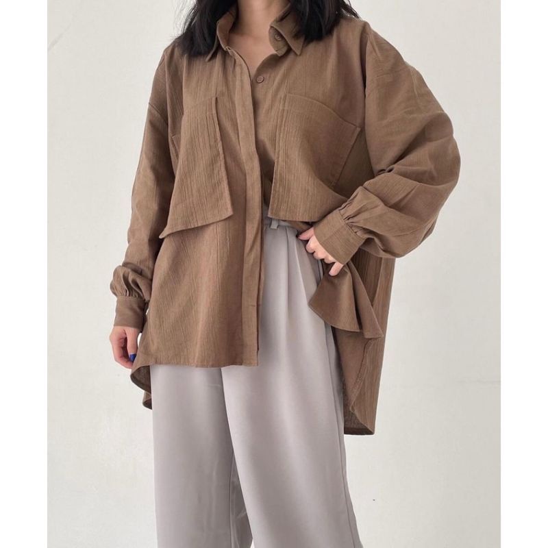 NIKI SHIRT KEMEJA LINEN SHIRT OVERSIZE - KEMEJA LINEN CRINGKLE WANITA PREMIUM