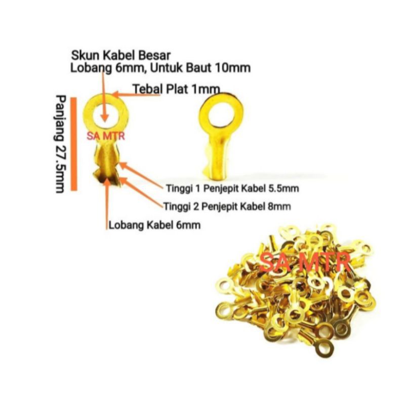 Skun Sekun Terminal Ring Bulat Kuningan Lobang 6mm Baut 10 kabel Besar & Kecil.
