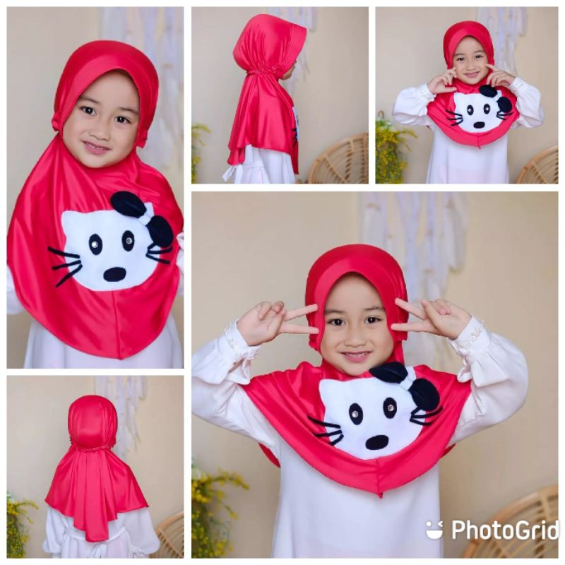 kerudung Sherly Motif Kucing anak instant Premium 3th - 6 tahun terbaru | jilbab lucu bayi Perempuan sekolah tk 4 - 5 thn | hijab Tanggung baby sd bahan jersey lembut adem