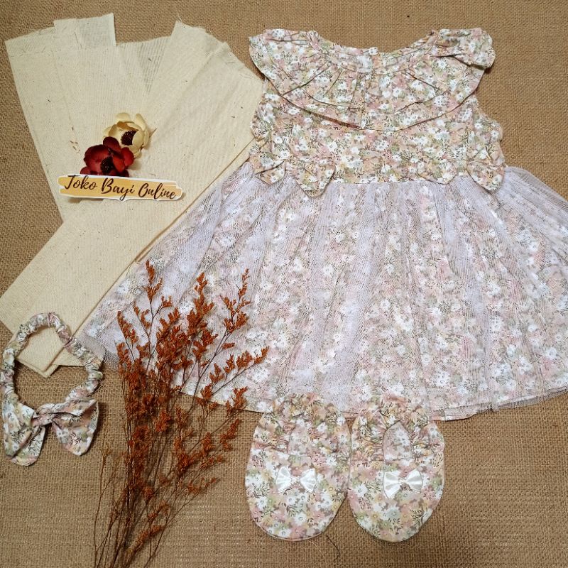 Dress bayi 0 6 12 bulan set sepatu bandana / bonnet Setelan Baju bayi Perempuan 100% Katun SNI Pakaian anak Cewek-3-12bln bandana pink