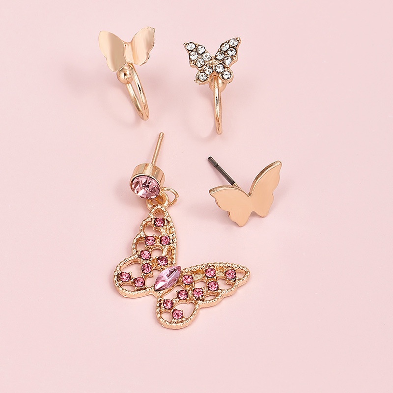 4pcs / Set Anting Giwang Metal Model Kupu-Kupu Dengan Berlian Imitasi Warna Permen Untuk Wanita