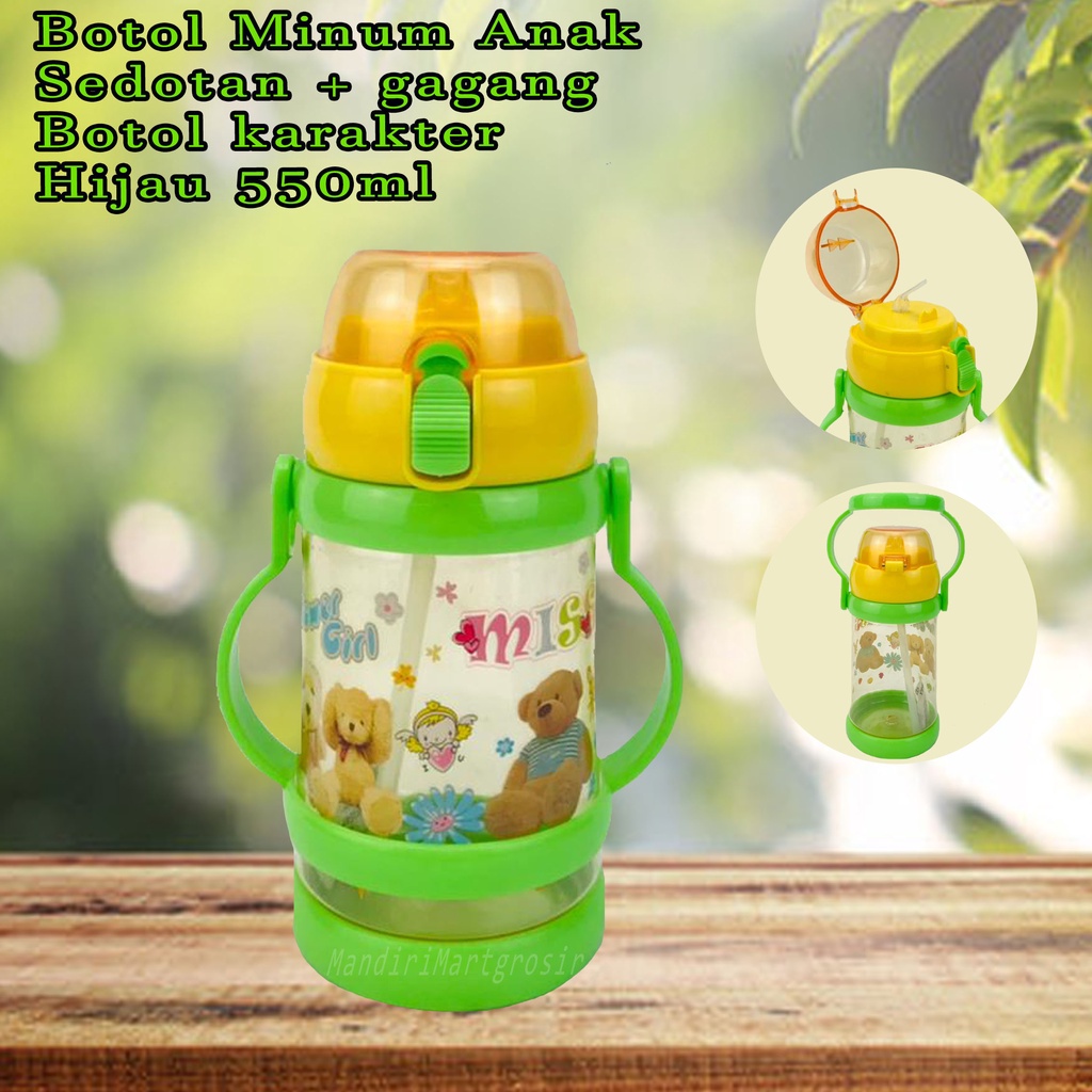 Botol minum berkarakter * Botol minum sedotan dan gagang * Power girl  Hijau * 550ml