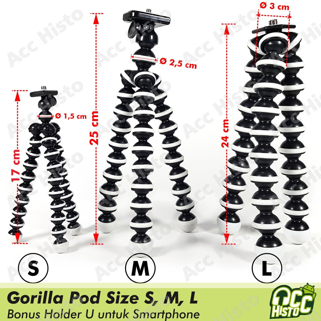 Tripod Gorilla Pod Small (S), Medium (M), Large (L) Octopus Gurita + Holder U For Smartphone