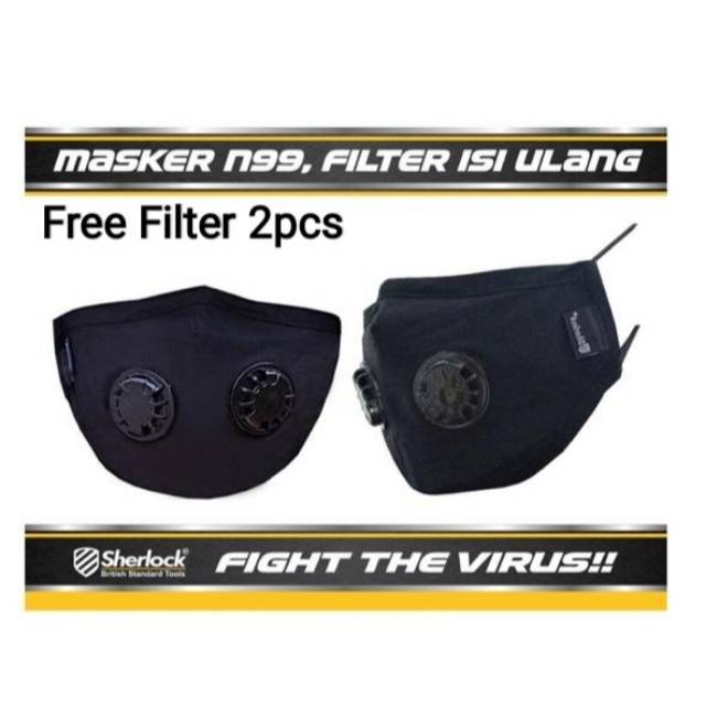 Masker Motor N99 Carbon Filter Dual valve BONUS!!! 2pcs Filter pm2.5 SHERLCOK