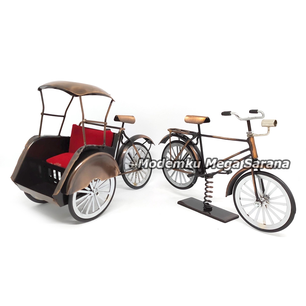 Paket isi 2 - Miniatur Becak &amp; Sepeda Ontel Logam Kawat