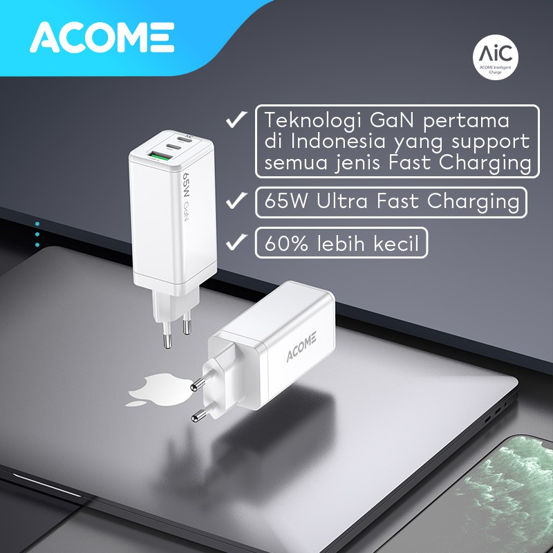 ACOME Charger GaN 65W Fast Charging QC3.0 PD VOOC 3 Ports Support Laptop/iPad Garansi Resmi 1 Tahun