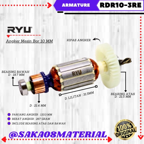 Ryu Armature Mesin Bor Tipe RDR10-3RE Original Terbaru Armature Mesin Bor 10 mm Armature Bor Tekiro_
