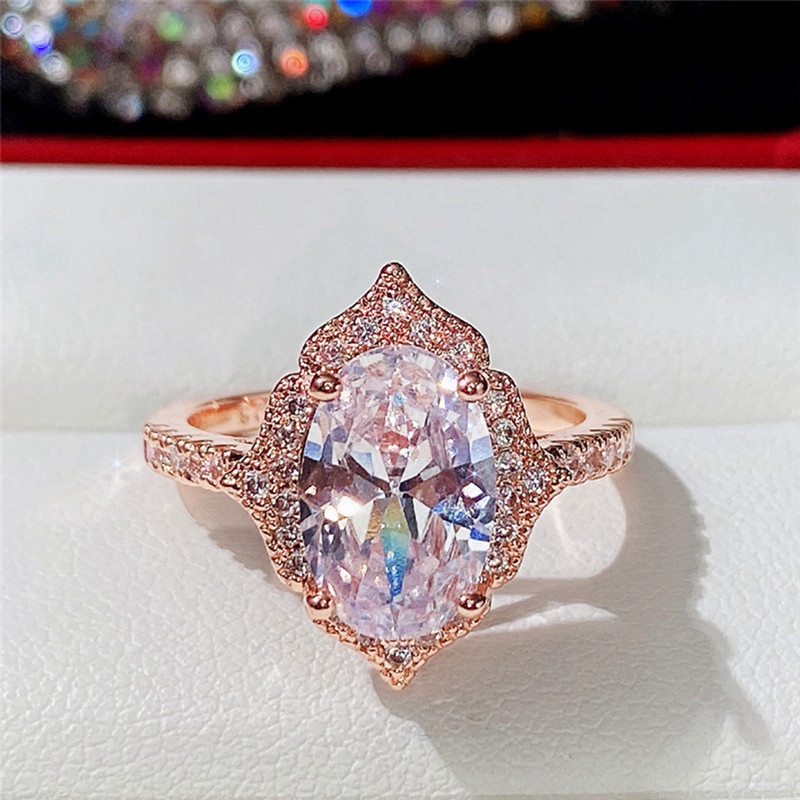 Cincin Wanita Warna Rose Gold Hias Cubic Zirconia Bentuk Oval Gaya Romantis Untuk Pertunangan / Pernikahan