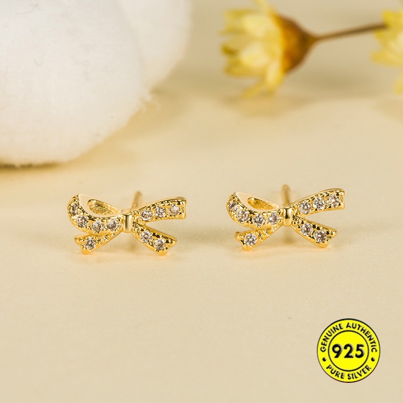 Anting Tusuk Sterling Silver 925 Desain Pita Hias Berlian Imitasi Simple Untuk Wanita