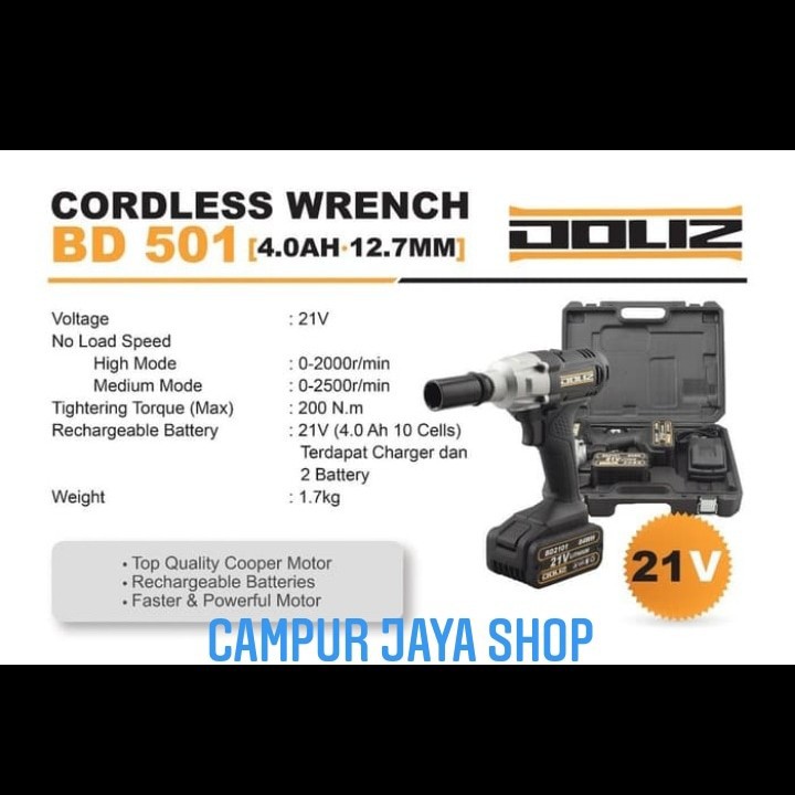 Mesin Impact Wrench/Alat Buka Baut Roda Cordless/Baterai Doliz BD 501
