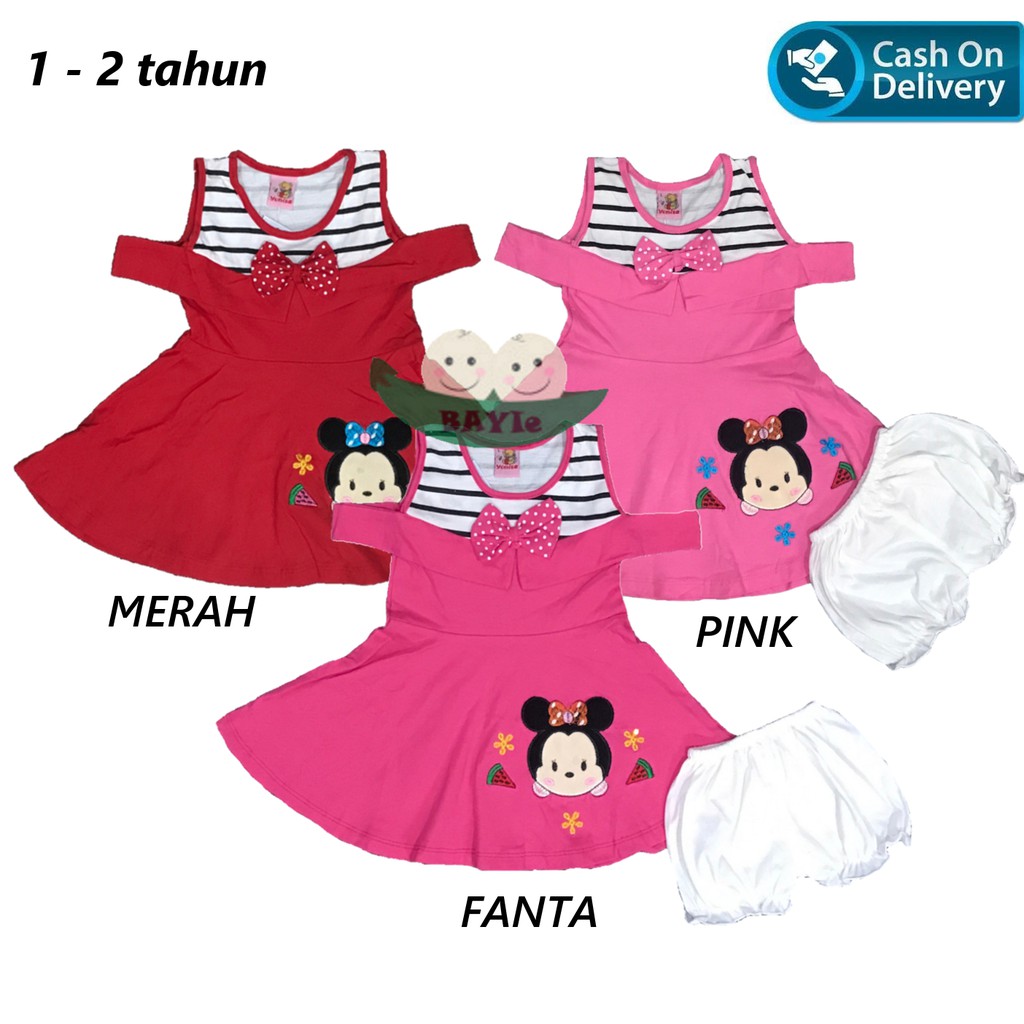 BAYIe - Setelan Baju Dress Bayi/Anak Perempuan motif Tsum-Tsum STRIP YUNISA/Baju anak cewek 1-2 thn