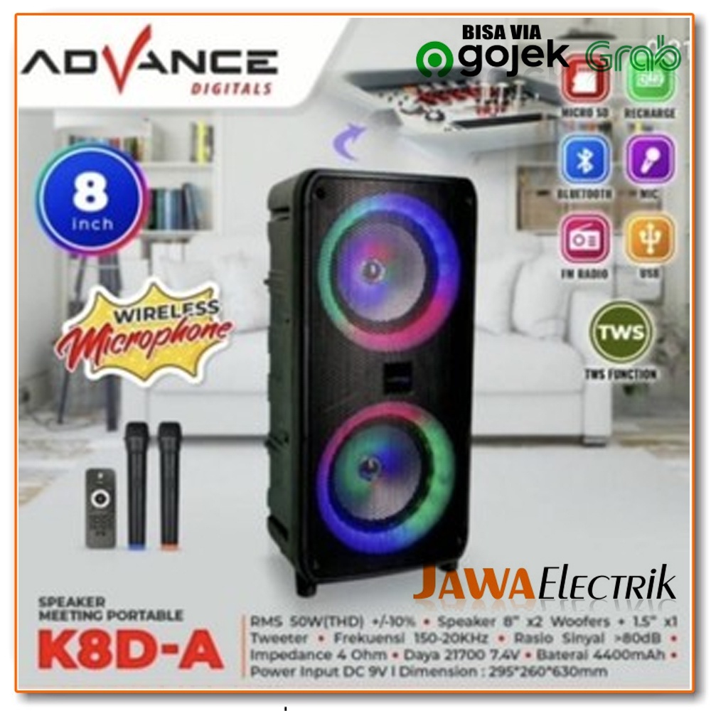 ADVANCE K8D A- Speaker Portable 8 inch x 2 BLUETOOTH - GRATIS 2 BH MIC