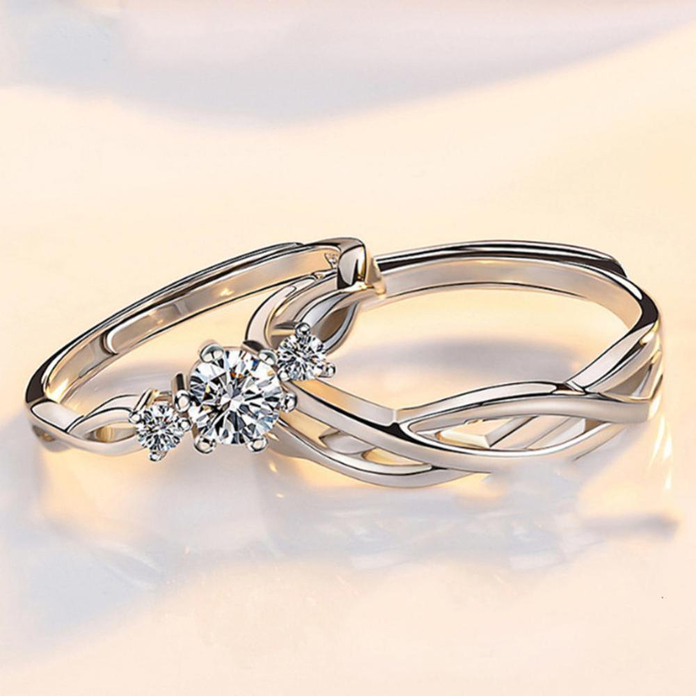 Timekey Cincin Pasangan Adjustable Hias Zircon Untuk Hadiah Valentine A8K6