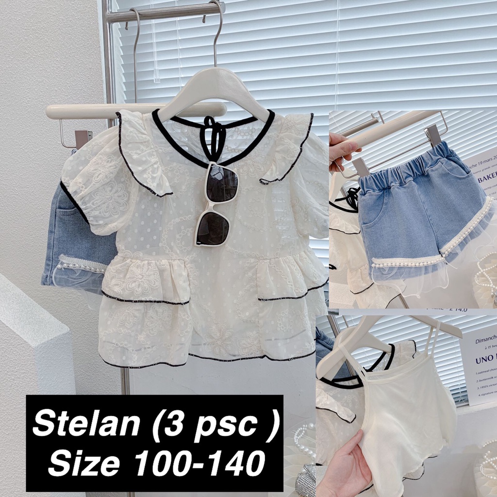 (LOLI-JKT) BS-217 3in1 SET ANAK CEWEK BUNGA JEANS MUTIARA SIZE 100-140