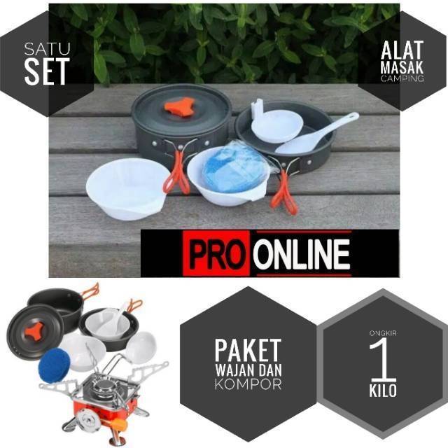 Paket Cooking set 2-3 Orang + Kompor Portable Dan Windproof - Mawar Atau Kotak - Alat Masak 2 Susun